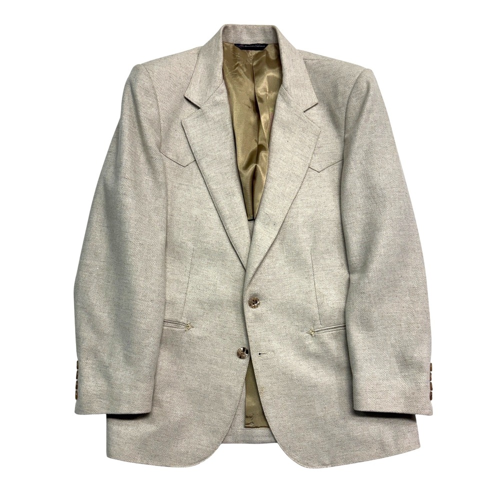 vtg 70s Tregos Western 40R Beige Herringbone Tweed Blazer Jacket Sport Coat USA